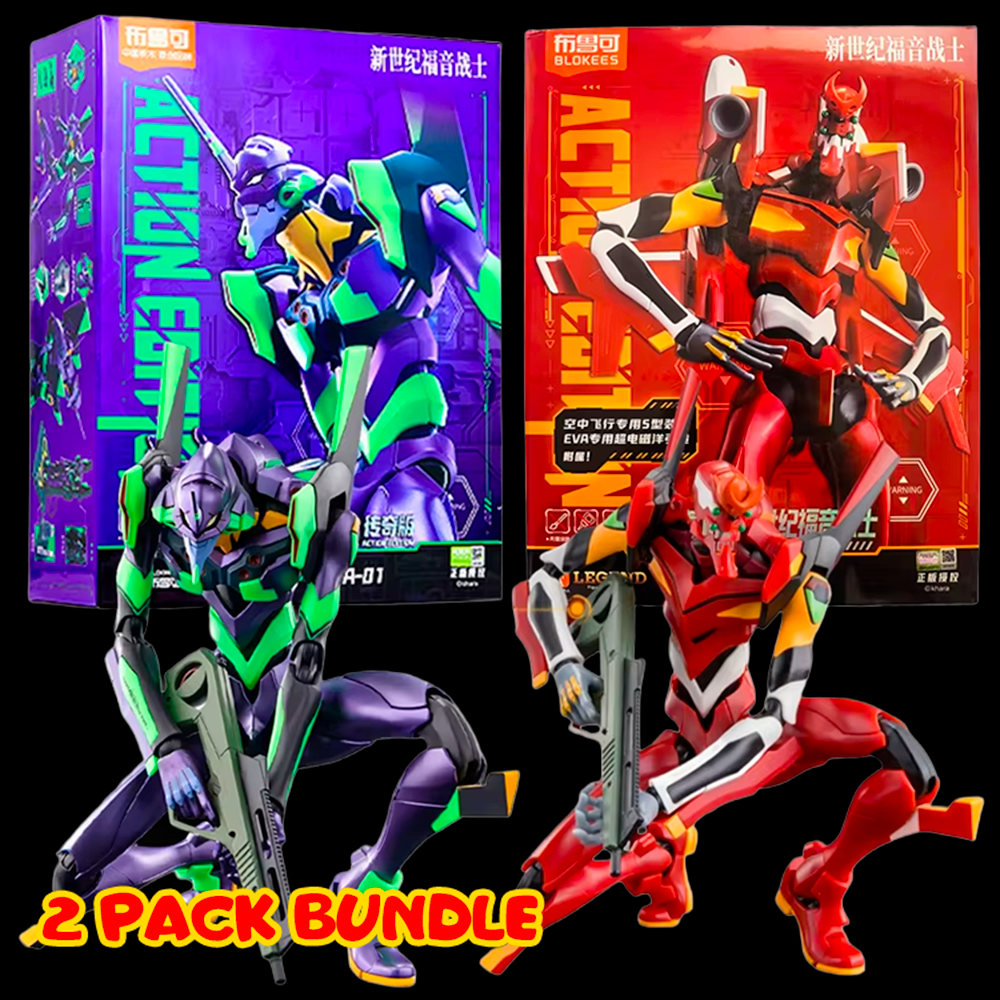 Hasbro Neon Genesis Evangelion Unit-01 and Unit-02 Blokees model kit bundle with packaging displayed