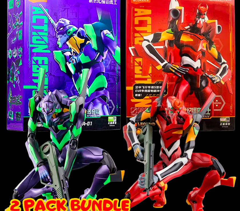 Hasbro Neon Genesis Evangelion Unit-01 and Unit-02 Blokees model kit bundle with packaging displayed