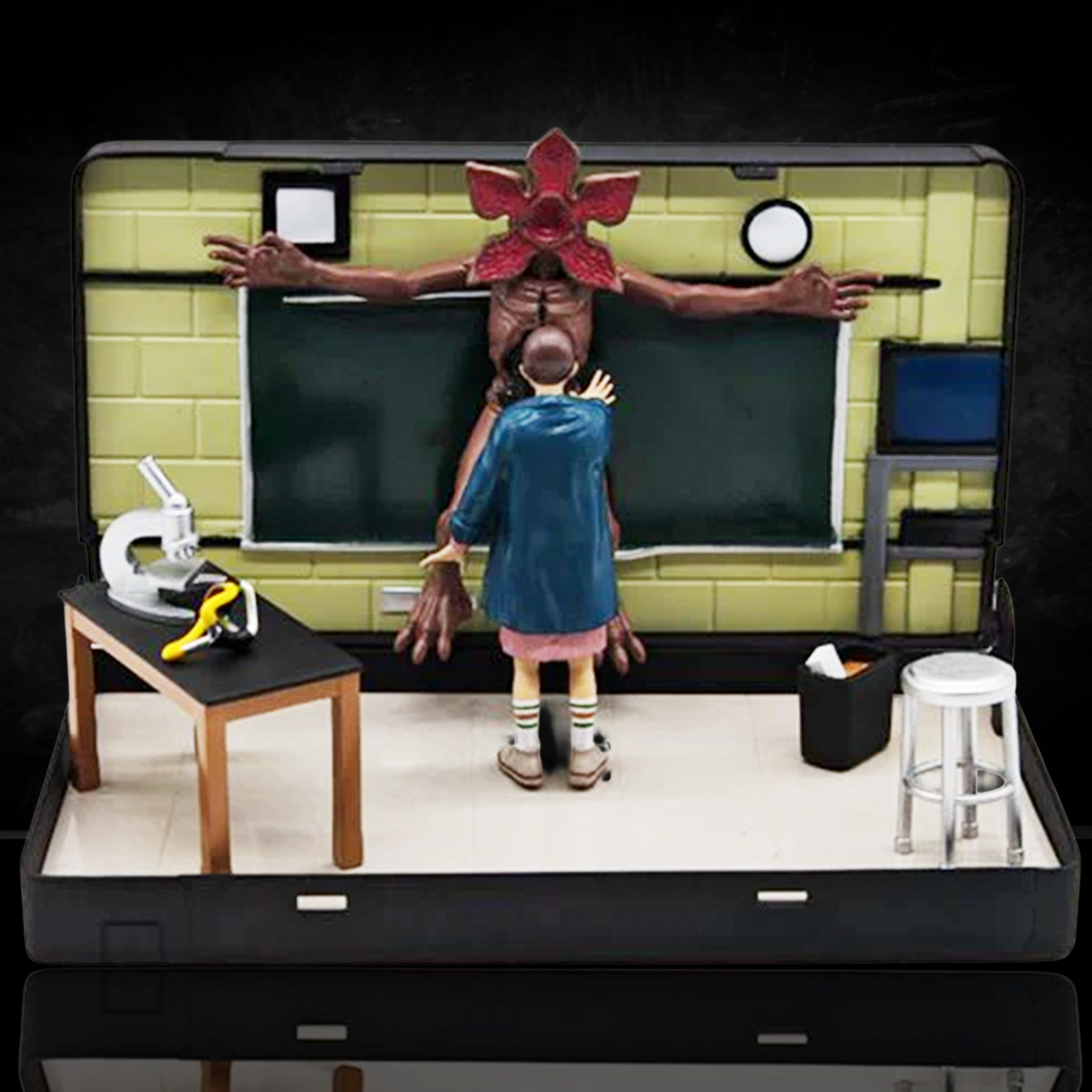 VHS Stars Stranger Things Season 1 VHS Playset by Console Heroes with Eleven facing Demogorgon in classroom setting