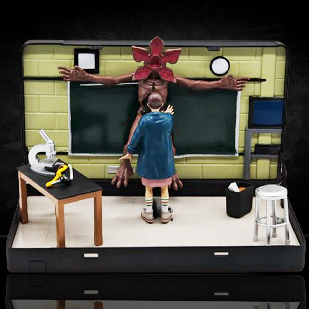 VHS Stars Stranger Things Season 1 VHS Playset by Console Heroes with Eleven facing Demogorgon in classroom setting