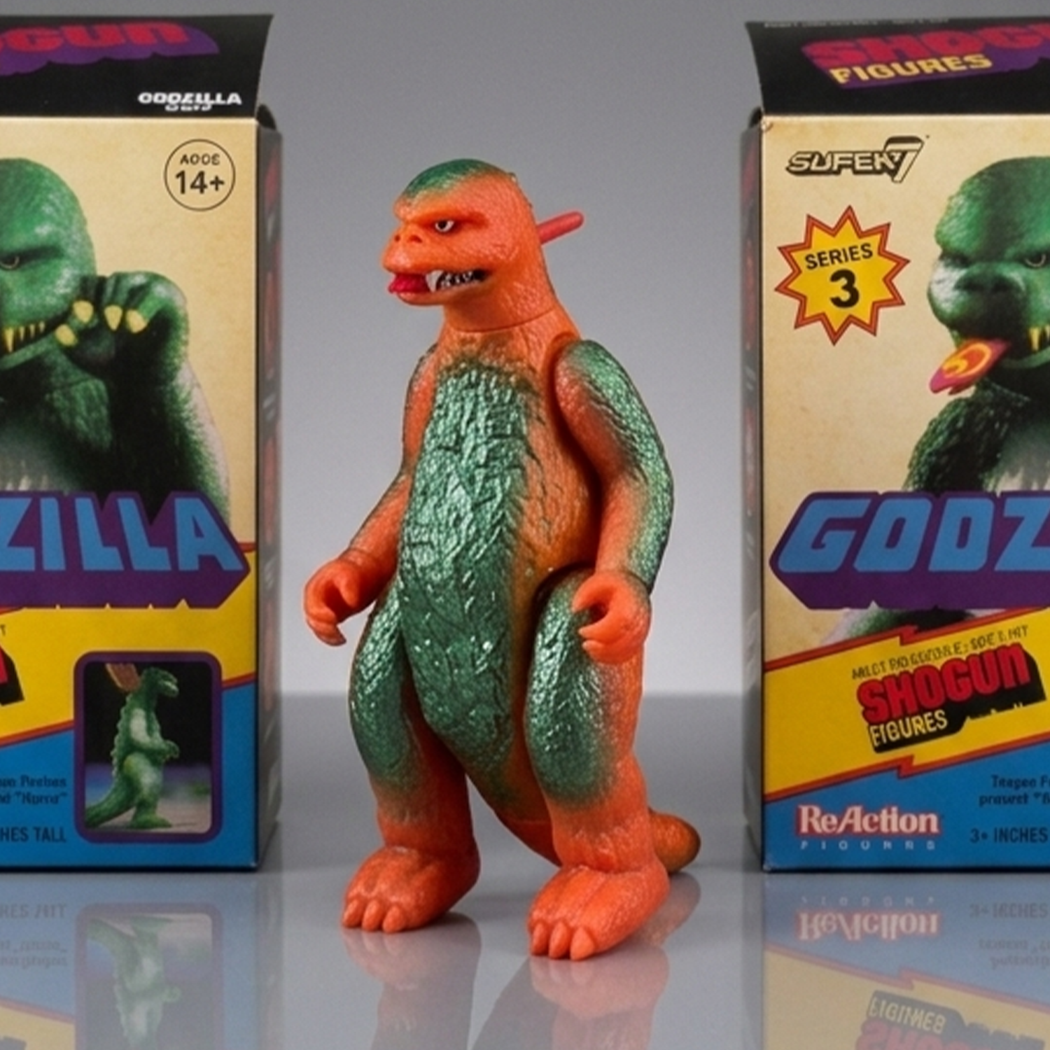 Godzilla 1:18 Scale 3.75" Shogun Action Figures - LOOSE Confirmed Choice by Super7 with vintage style packaging sides visible