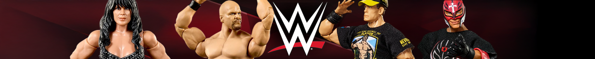 Four WWE wrestlers posing with the WWE logo on a dark red gradient background