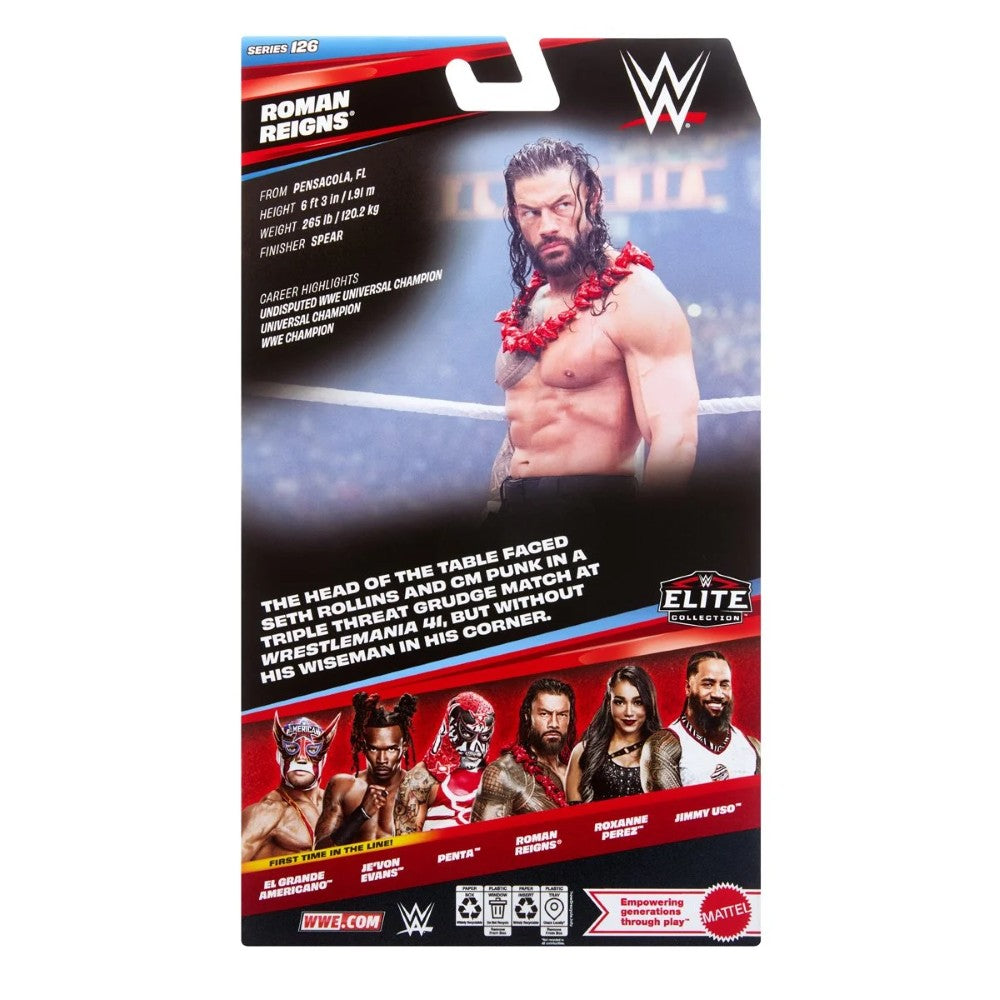 Back of WWE Elite Collection Roman Reigns action figure packaging with wrestler photos and career highlights