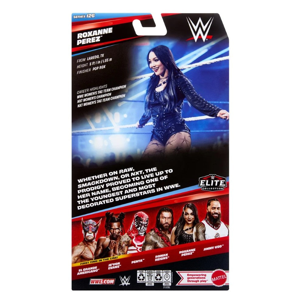 WWE Roxanne Perez Elite Collection packaging featuring wrestler photos and a character lineup
