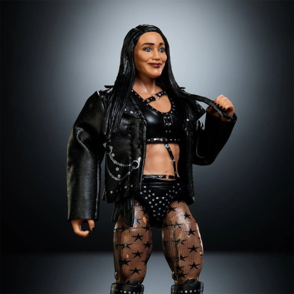 Female action figure with long black hair, black leather jacket, crop top, studded shorts, and star patterned tights