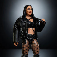 Female action figure with long black hair, black leather jacket, crop top, studded shorts, and star patterned tights