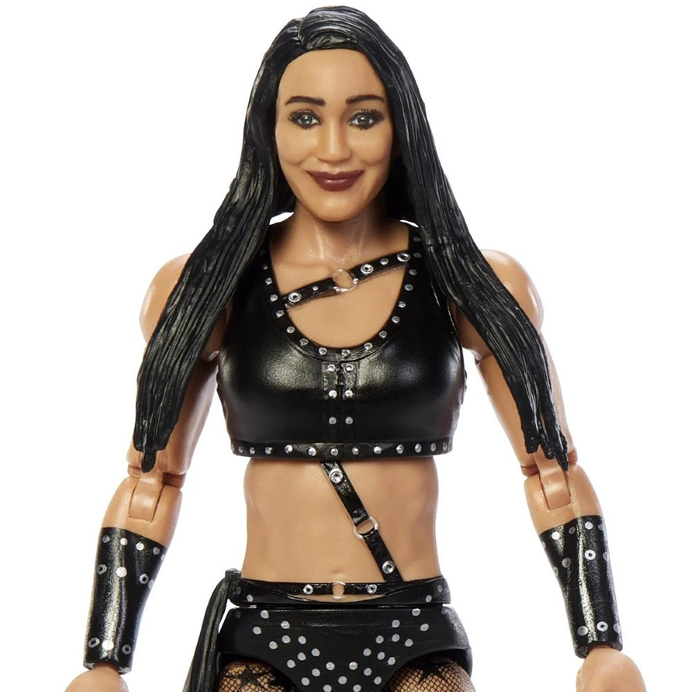 Female action figure with long black hair wearing a black studded outfit and wrist cuffs