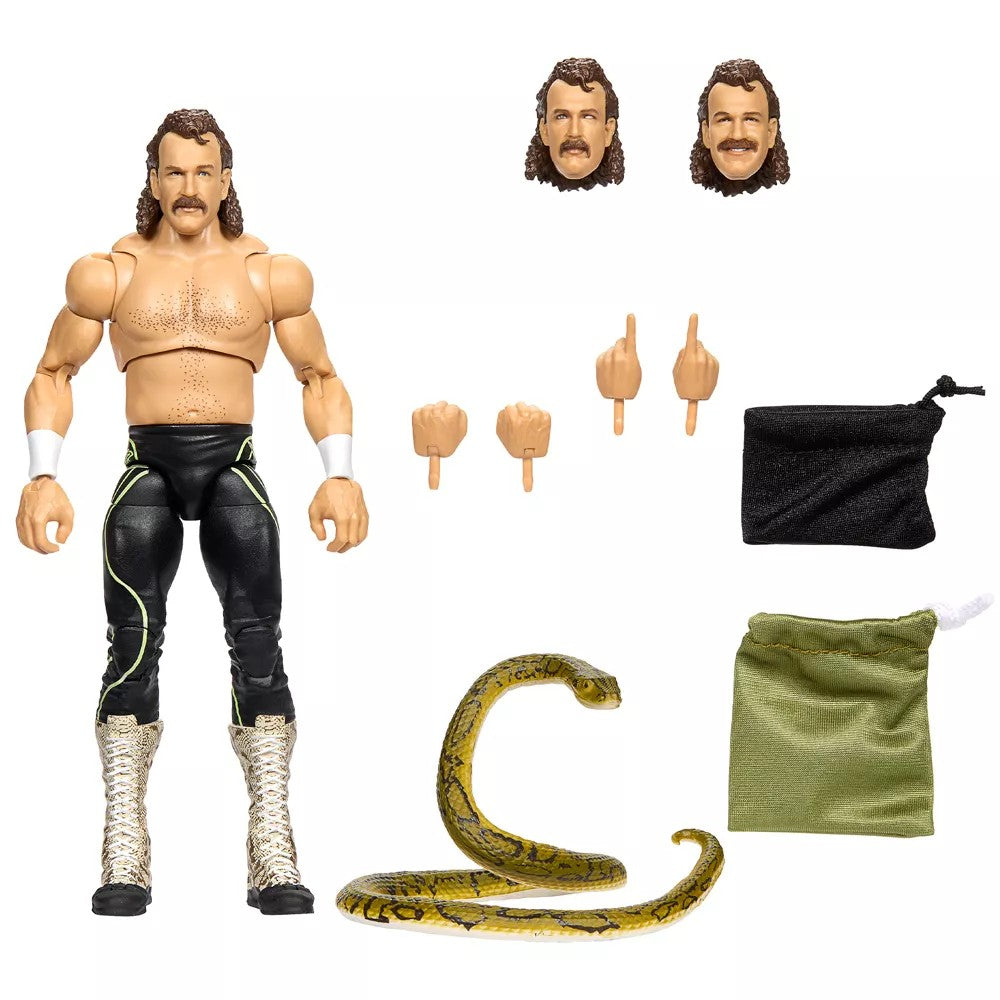 Long-haired male action figure with alternate heads and hands, a snake accessory, and black and green fabric bags