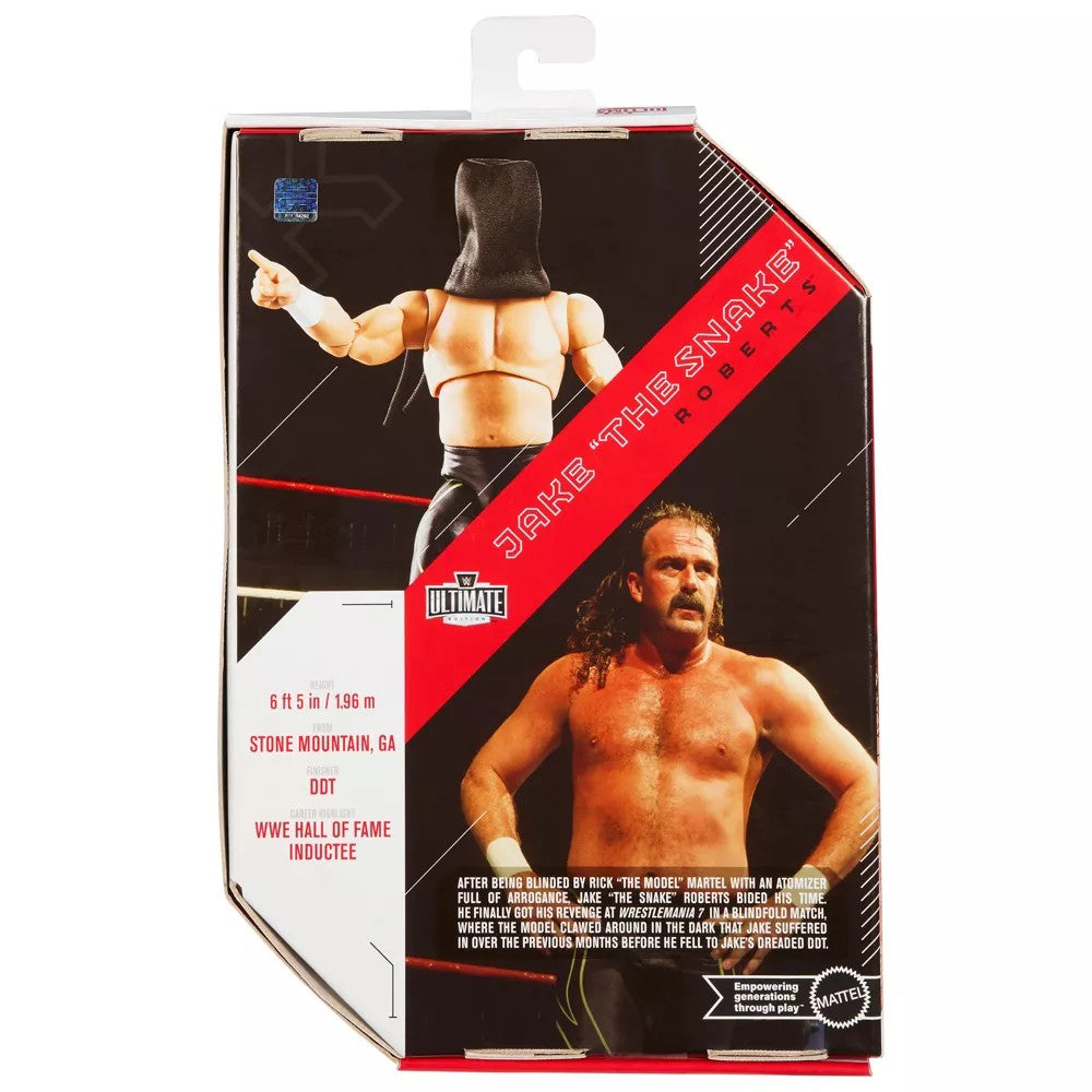 Jake The Snake Roberts wrestling action figure packaging with red and black graphics and biographical text