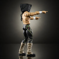 Wrestling action figure in black pants and furry boots, pointing with both arms under a hood