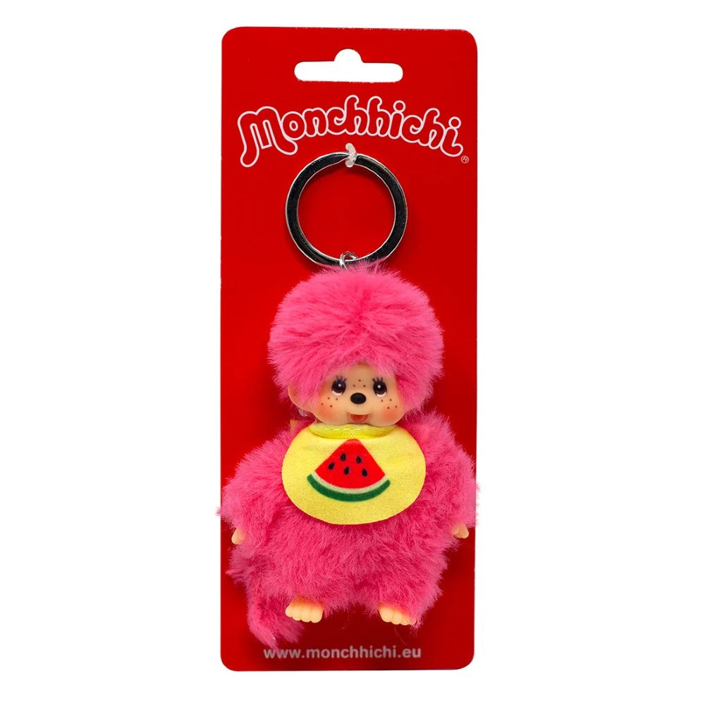Pink Monchhichi doll keychain with a watermelon bib on a red card