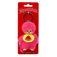 Pink Monchhichi doll keychain with a watermelon bib on a red card