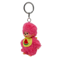 Pink furry character keychain wearing a watermelon bib