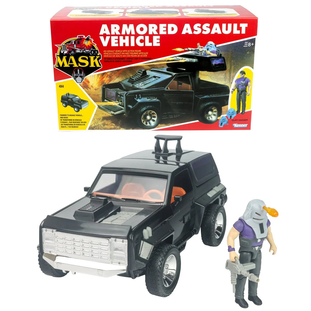 M.A.S.K. armored assault vehicle toy with a black vehicle and purple-clad figure beside its box