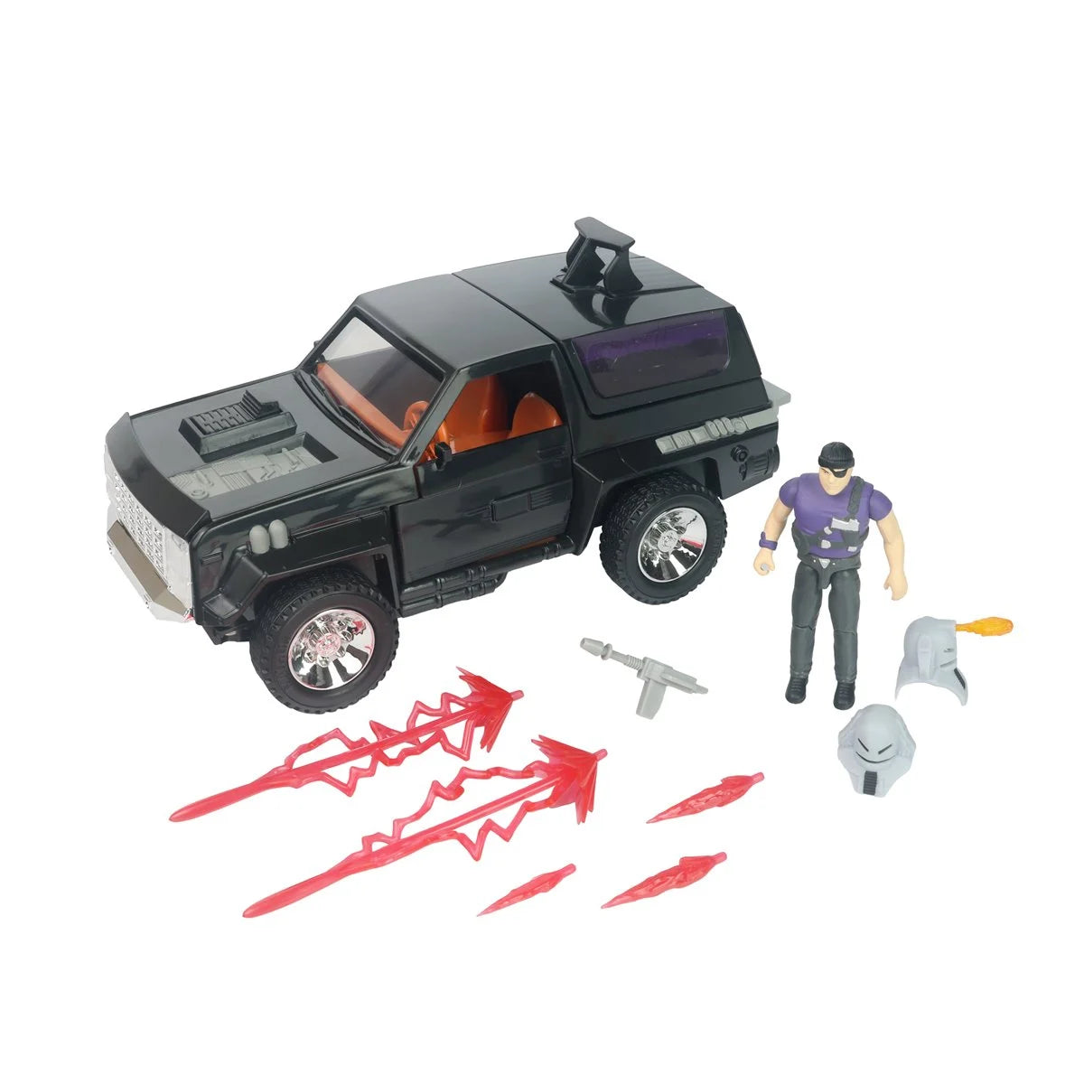 Black toy off-road vehicle with a purple-shirted action figure, red energy effects, weapon, and alternate heads
