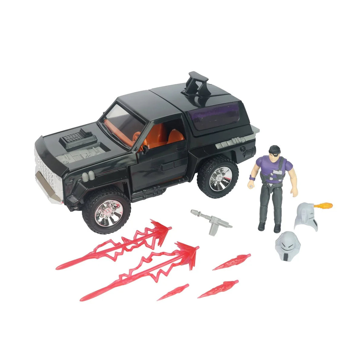 Black toy off-road vehicle with a purple-shirted action figure, red energy effects, weapon, and alternate heads