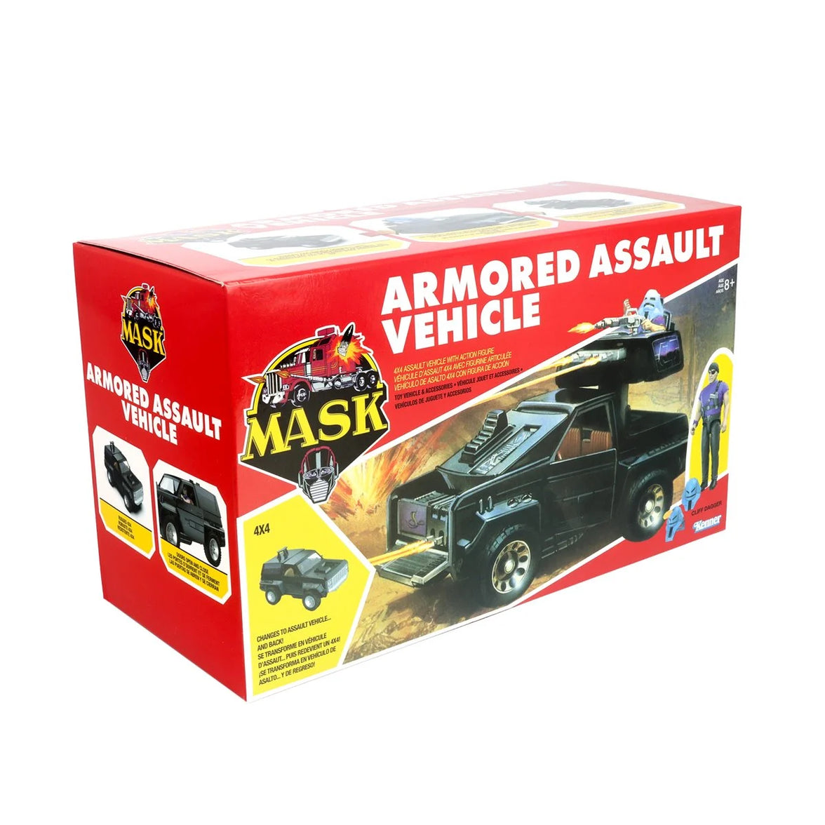 Red M.A.S.K. Armored Assault Vehicle toy box showing a black vehicle and action figure