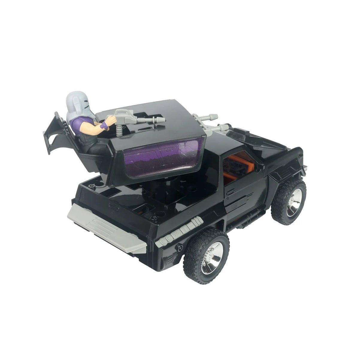 Black armored toy vehicle with mounted turret and seated action figure