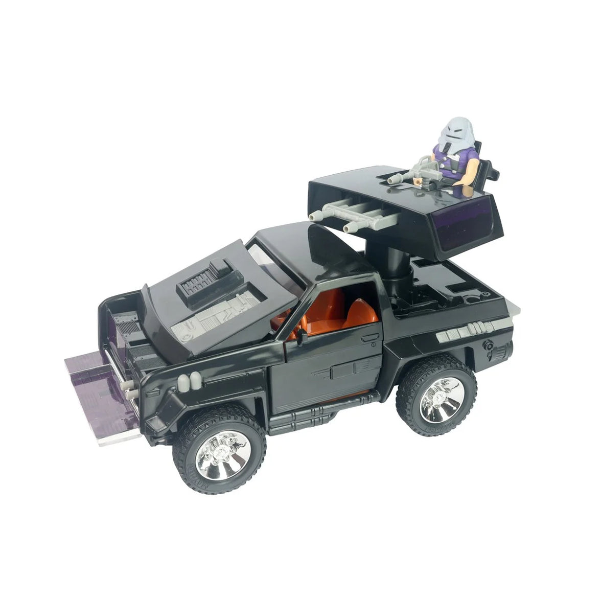 Black toy SUV with a roof mounted platform and seated figure against a white background