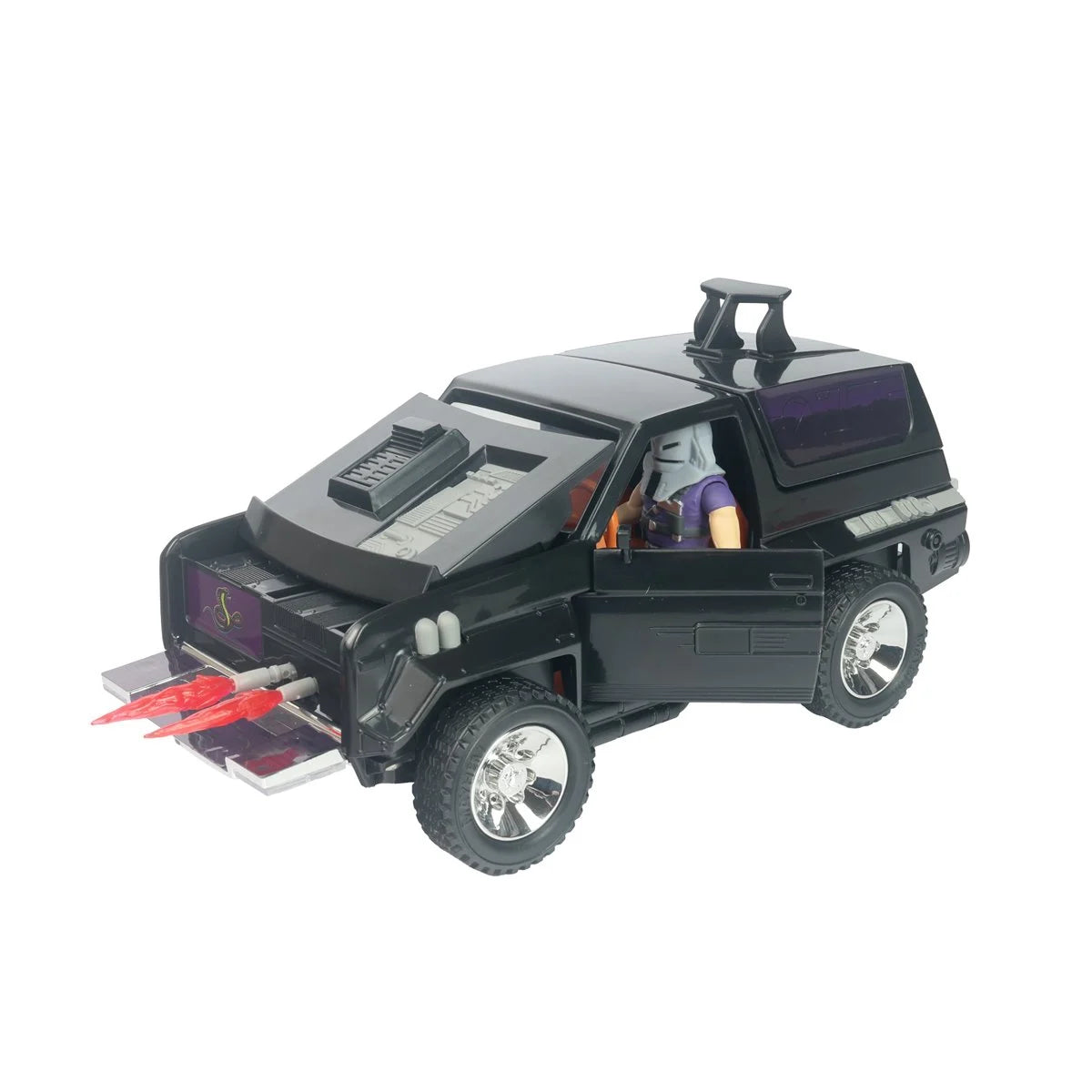 Black futuristic toy SUV with red front missiles and a seated figure visible through the open side door