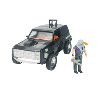 Black toy off road vehicle beside a gray haired action figure with a weapon