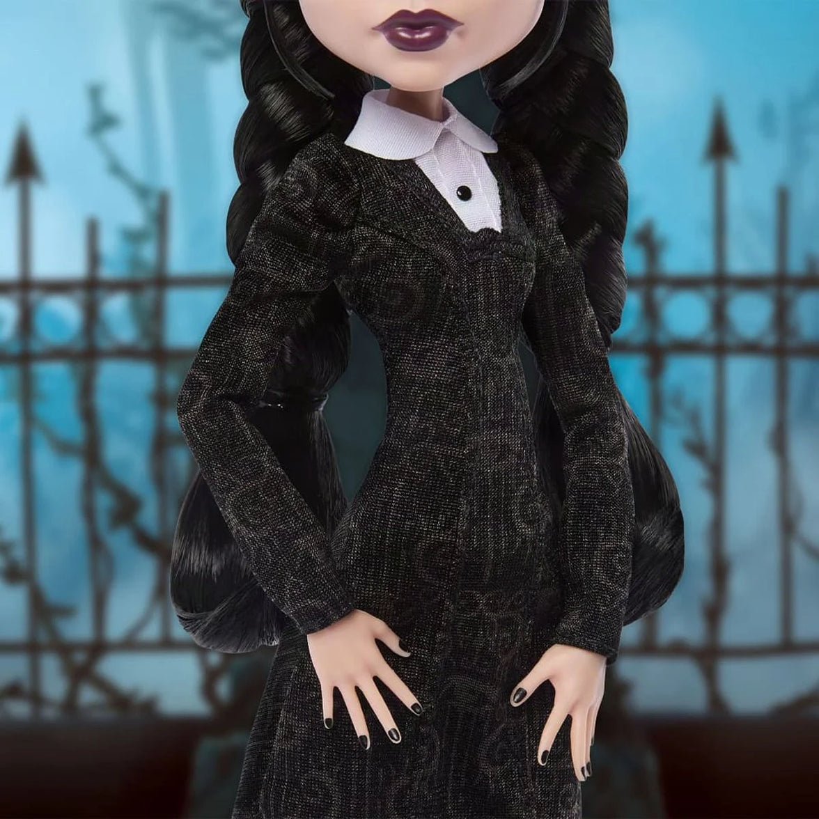 Monster High Wednesday Addams Fashion Doll - Season 2 Edition by Mattel wearing a black dress with braided hair