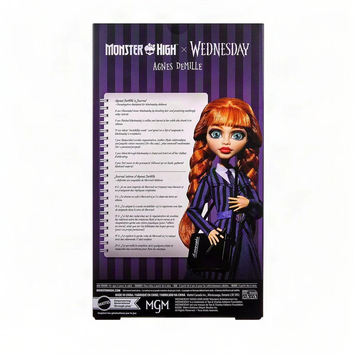 Monster High Wednesday Series Agnes DeMille Fashion Doll by Mattel in purple striped packaging