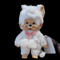 Sekiguchi Monchhichi 8-inch white cat plush with pink bow and thumb-sucking pose new without box