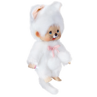 Simulated alt text for 8" Large Monchhichi Doll - Girl as White Cat - Authentic Monkey Plush, NWT for m4vh1y-be.myshopify.com. You are an expert SEO agent. You will generate an ALT text for this image. <Store_Context> Business Details: - Curated by a passionate collector, ensuring authe...