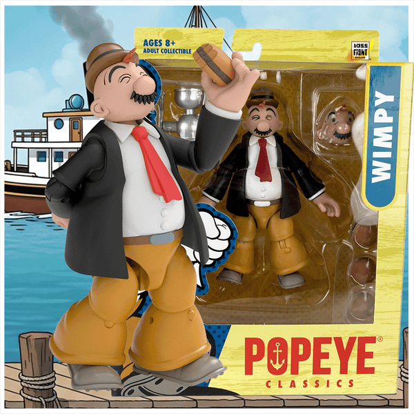 Boss Fight Studio Llc J. Wellington Wimpy figure in black jacket, red tie, brown pants, holding hamburger accessory in packaging