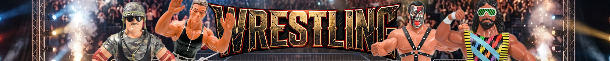 Wrestlers posing in colorful costumes with sparks and bright lights surrounding bold wrestling-themed lettering.