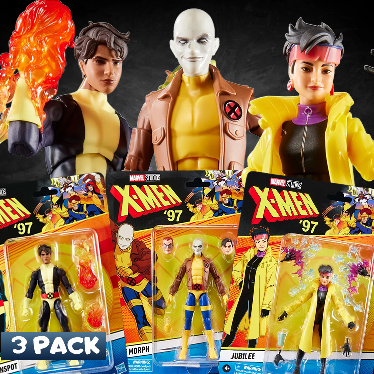 Hasbro Marvel Legends X-Men 97 6-inch action figures of Sunspot, Morph, and Jubilee with accessories.