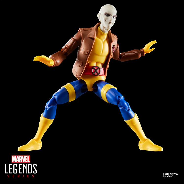 Hasbro Marvel Legends Morph X-Men 97 action figure in classic yellow blue suit and brown jacket poseable design