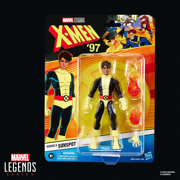Hasbro Marvel Legends Sunspot X-Men 97 6-inch figure with solar power accessories in blister pack display packaging.