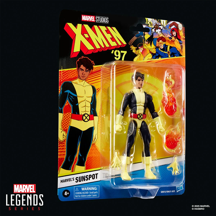 Hasbro Marvel Legends Sunspot 6-inch action figure from X-Men 97 with solar power effects and accessories