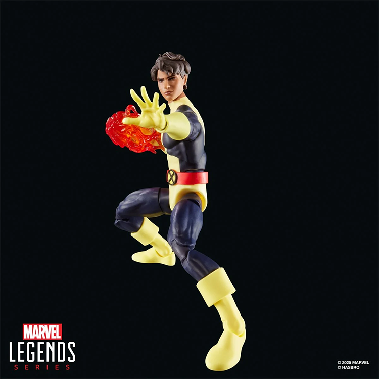 Hasbro Marvel Legends 6-inch Sunspot action figure in black and gold uniform with fiery solar power effect pose