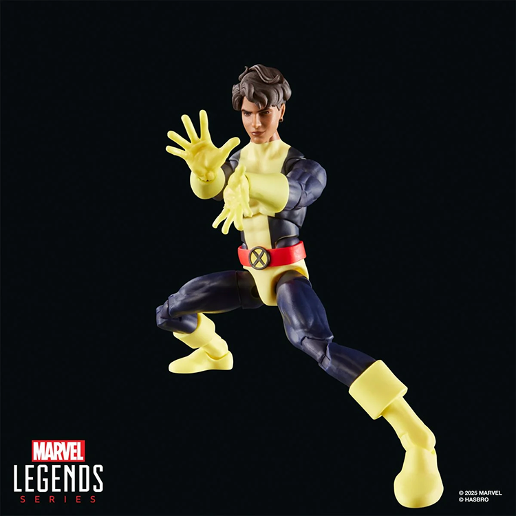 Hasbro Marvel Legends 6-inch Sunspot action figure in black and yellow costume with dynamic pose and open hands