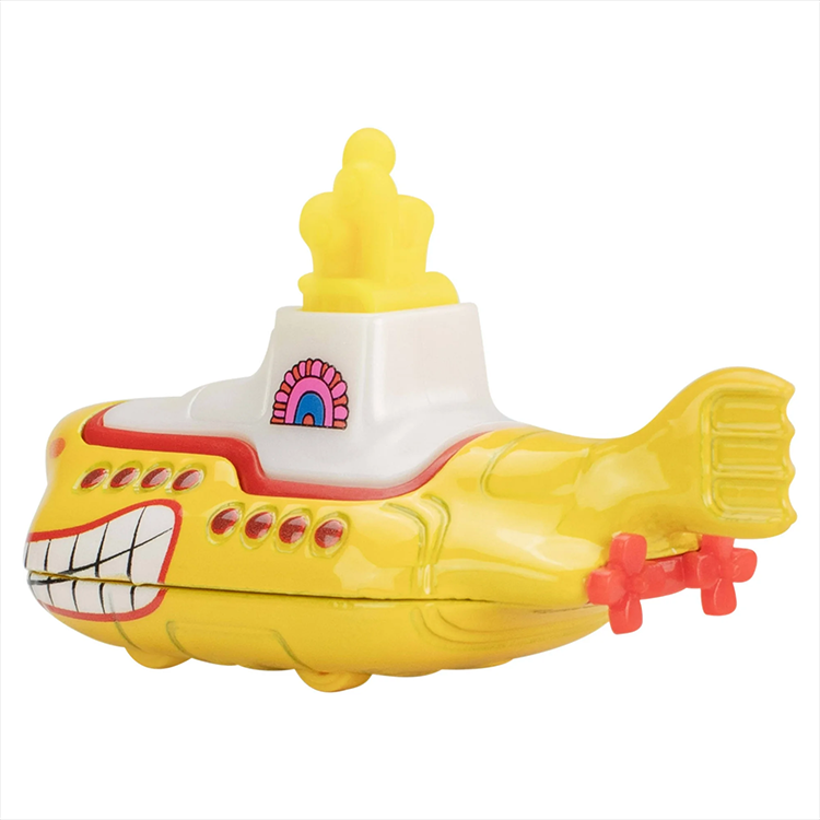 Yellow Beatles submarine Hot Wheels diecast car with colorful details and red propellers by Mattel