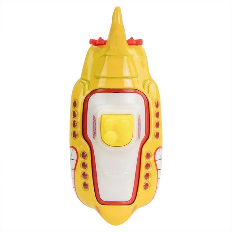 Top view of Hot Wheels Premium Beatles Yellow Submarine diecast car with vibrant yellow and red details