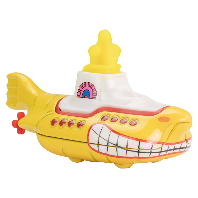 Yellow submarine diecast car model with colorful design and detailed features for collectors and fans