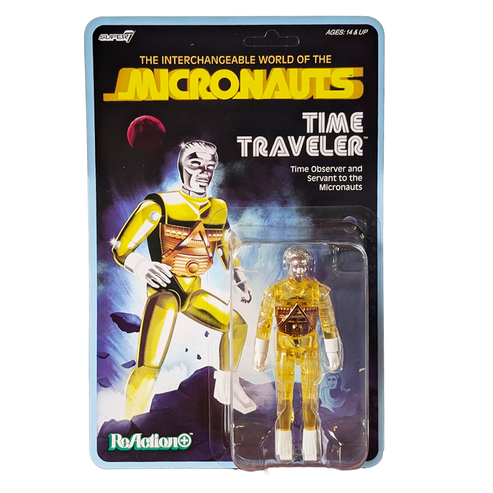 Time Traveler Micronauts Translucent YELLOW Super7 ReAction+ Action Figure in blister packaging