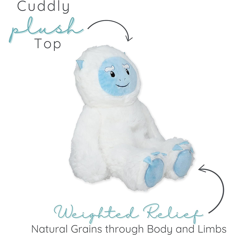 Soft white yeti plush with blue face and paws, designed for weighted comfort and soothing therapy