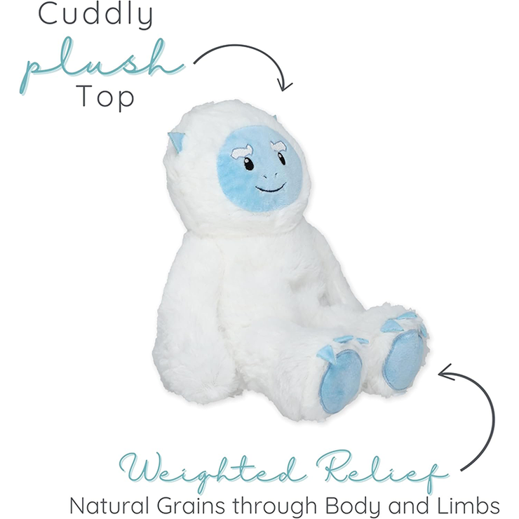 Soft white yeti plush with blue face and paws, designed for weighted comfort and soothing therapy