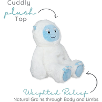 Soft white yeti plush with blue face and paws, designed for weighted comfort and soothing therapy