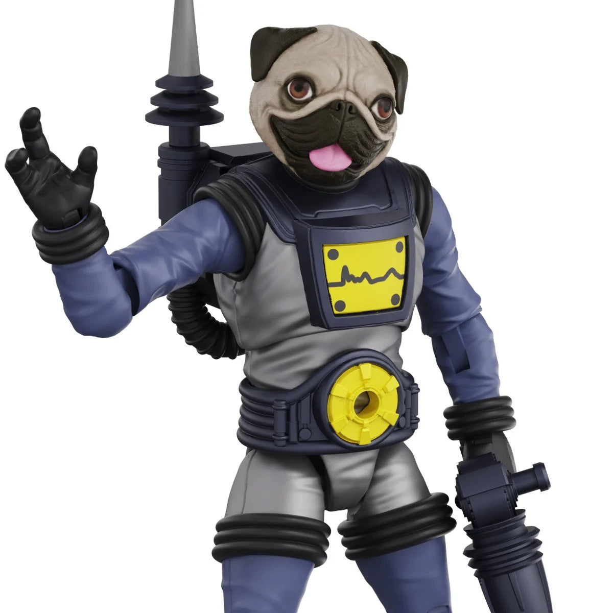 Pug-headed astronaut character in a blue and gray space suit holding a futuristic tool