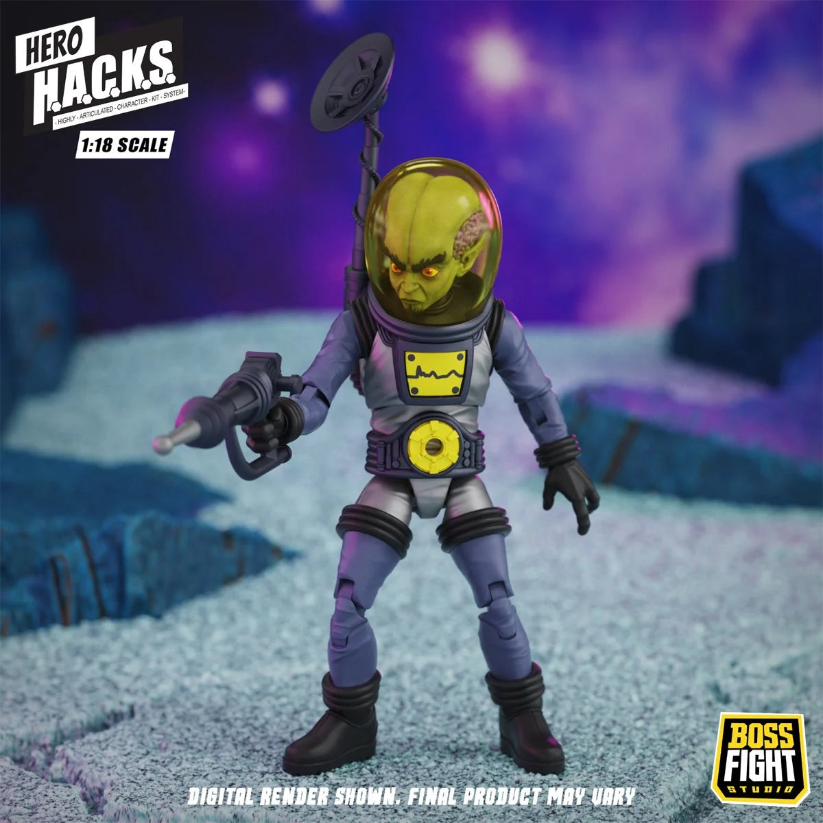 Green alien astronaut figure holding a ray gun in a purple sci-fi setting