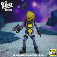 Green alien astronaut figure holding a ray gun in a purple sci-fi setting