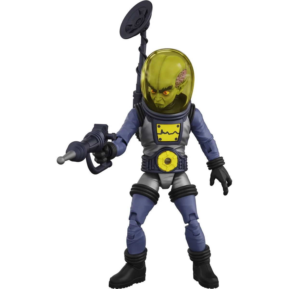 Alien action figure in a blue space suit with a translucent helmet and futuristic ray gun