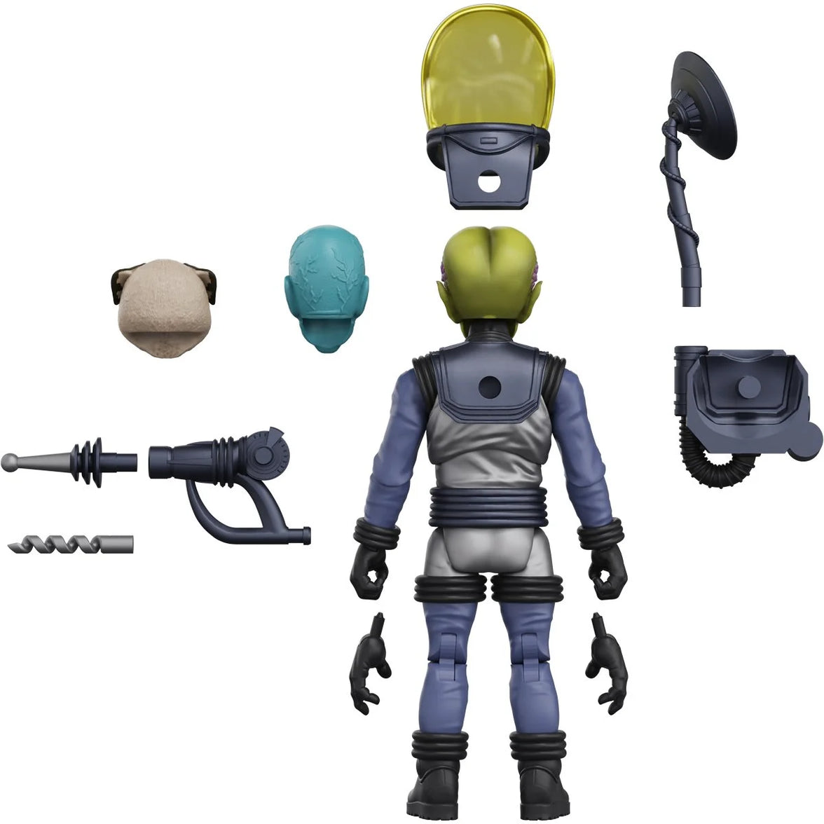 Alien action figure viewed from behind with interchangeable heads, hands, helmet, weapon, and other accessories