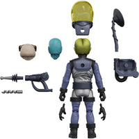 Alien action figure viewed from behind with interchangeable heads, hands, helmet, weapon, and other accessories